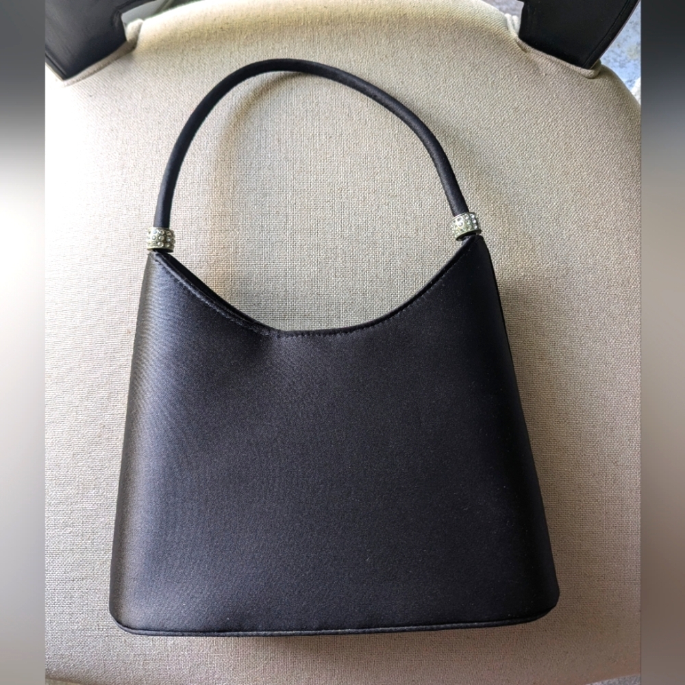 Preston & York Black Satin Evening Bag with Rhinestone Accents